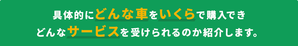 具体的にどんな車をいくらで購入できどんなサービスを受けられるのか紹介します。